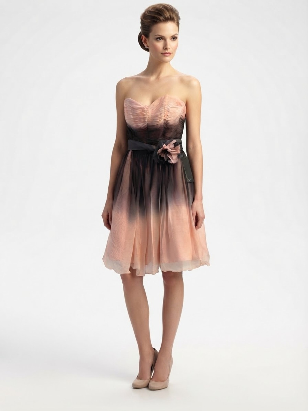 Betsey Johnson Strapless Pink-to-Black Ombre A-Line Dress with Floral Sash Sz 4